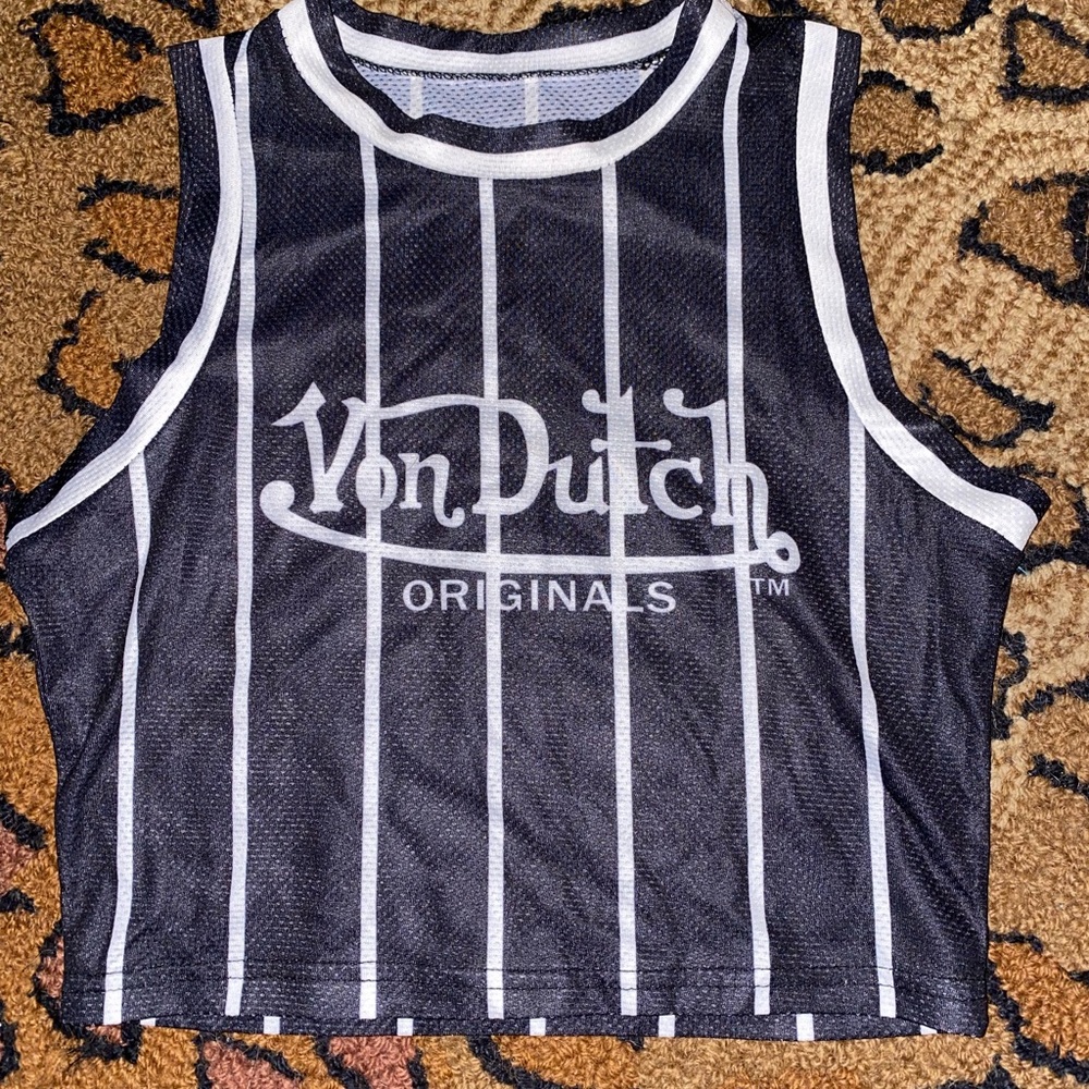 Von Dutch Black and White Striped Tank Top